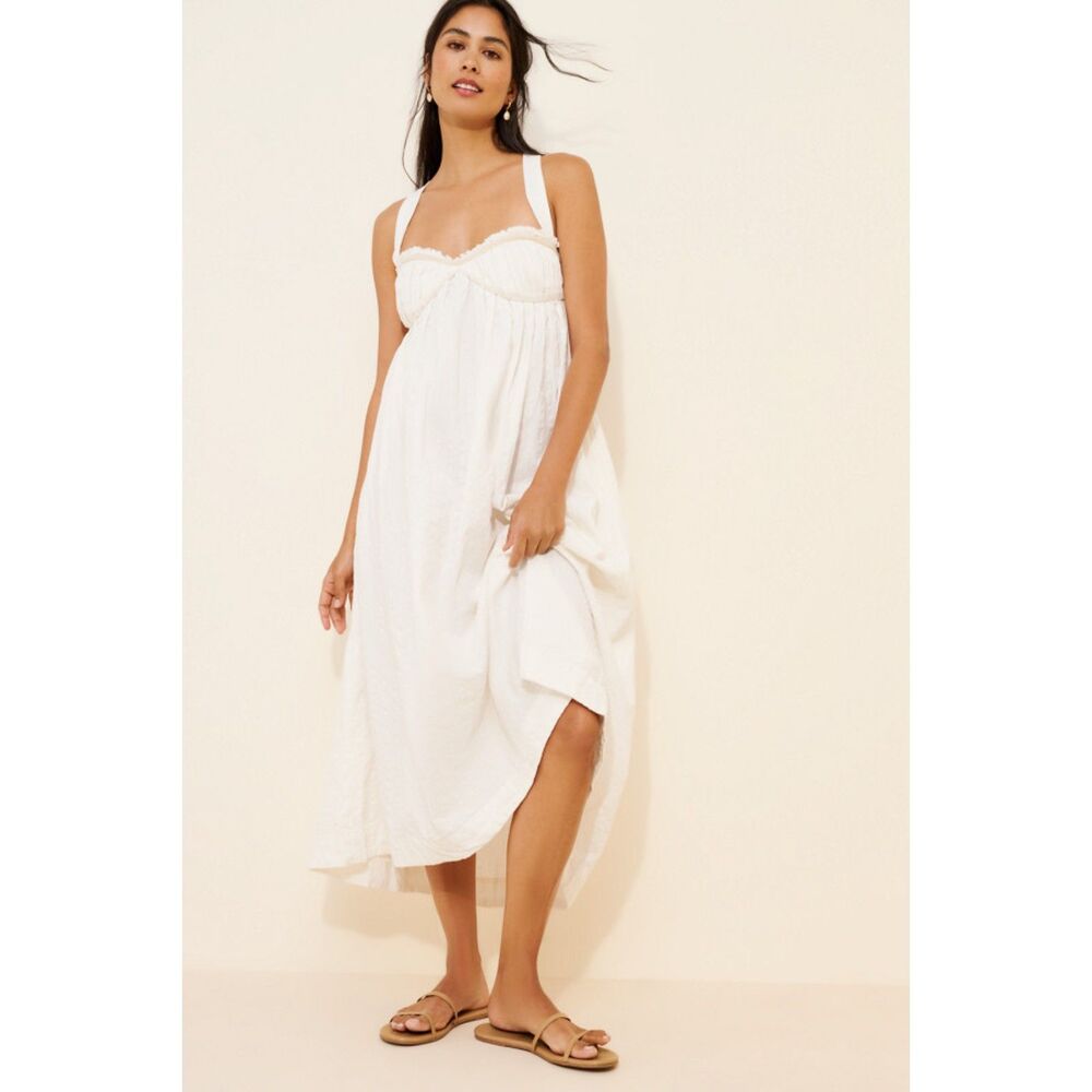 Free People Poppy Midi Dress White Cotton Sweetheart Ruffle Size S